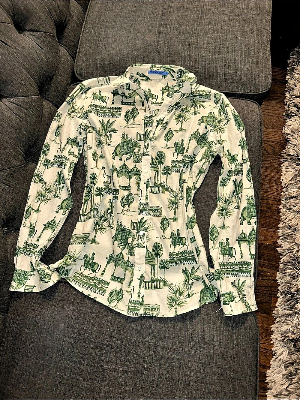 J McLaughlin Toile Printed Button-Down Shirt in Green & Cream Like New